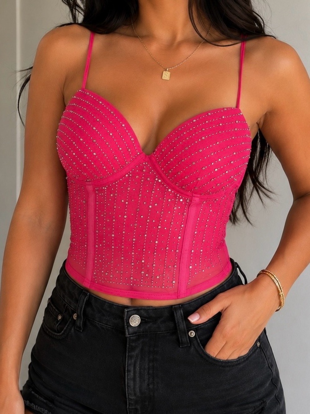 Rhinestone Bustier Crop Top in Fuchsia - Women's Spaghetti Strap